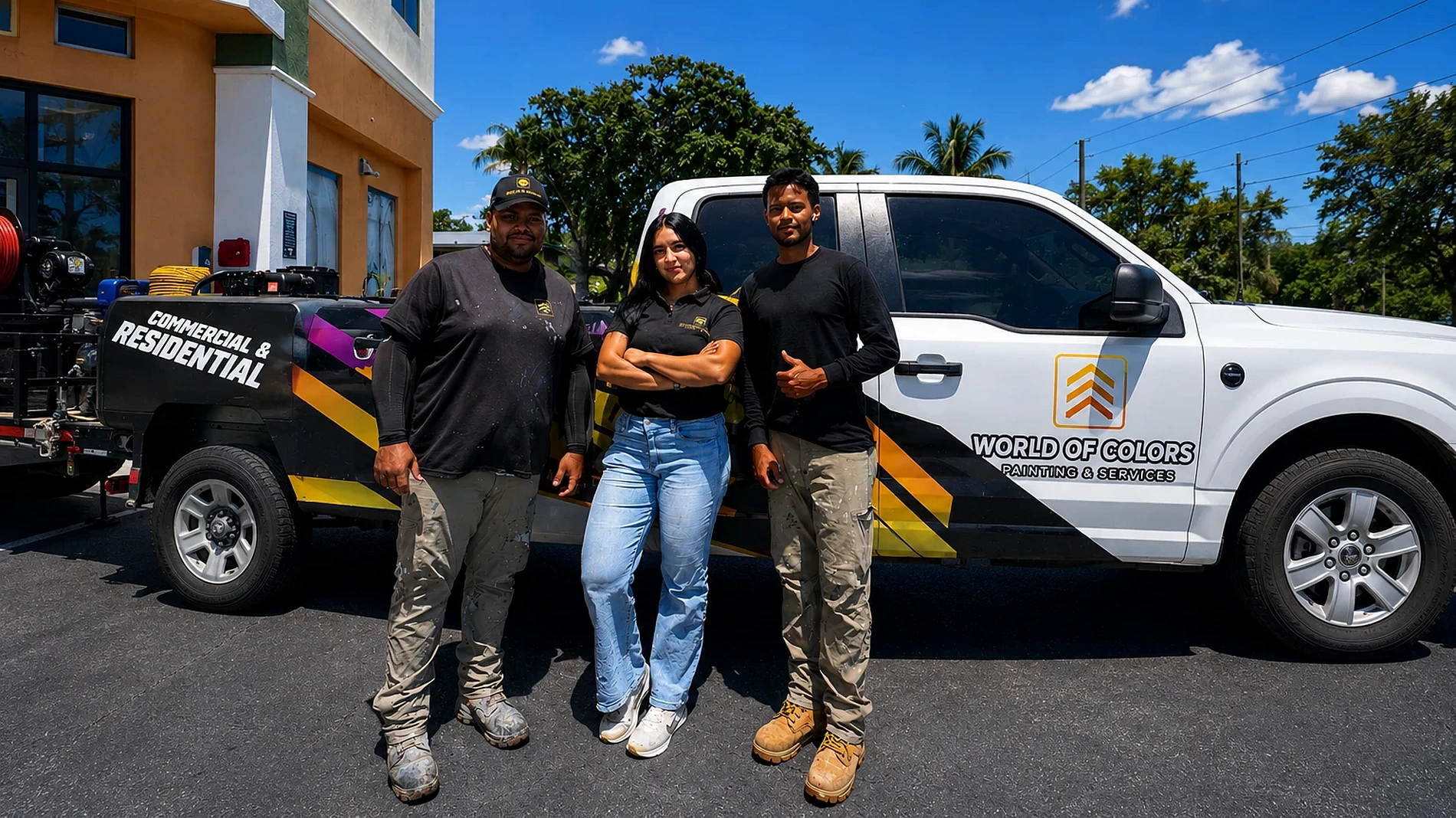 The World of Colors Renewal crew standing in front of their branded work truck in Tampa, FL